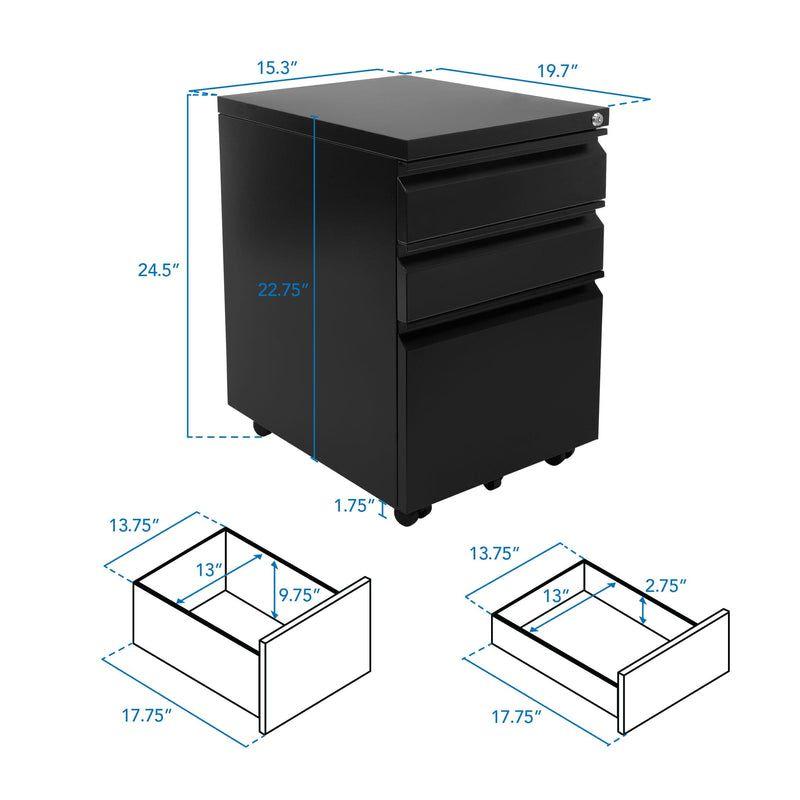 Black Mobile 3 Drawer Lockable Pedestal File Cabinet