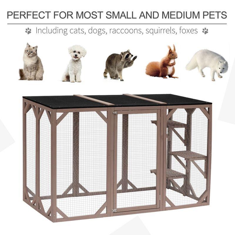 PawHut Wooden Outdoor Cat House Catio Kitten Enclosure Indoor Cage with Asphalt Roof, Multi-Level Platforms and Large Enter Door - 71"L