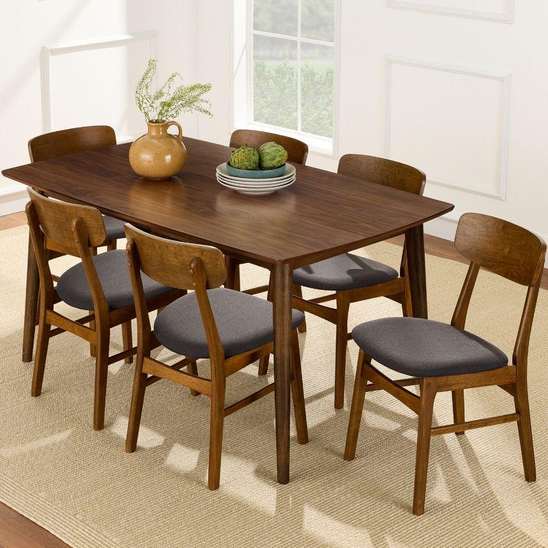 George Oliver 7-Piece Mid-Century Modern Upholstered Dining Set, Wooden Table W/ 6 Chairs - Walnut/Gray