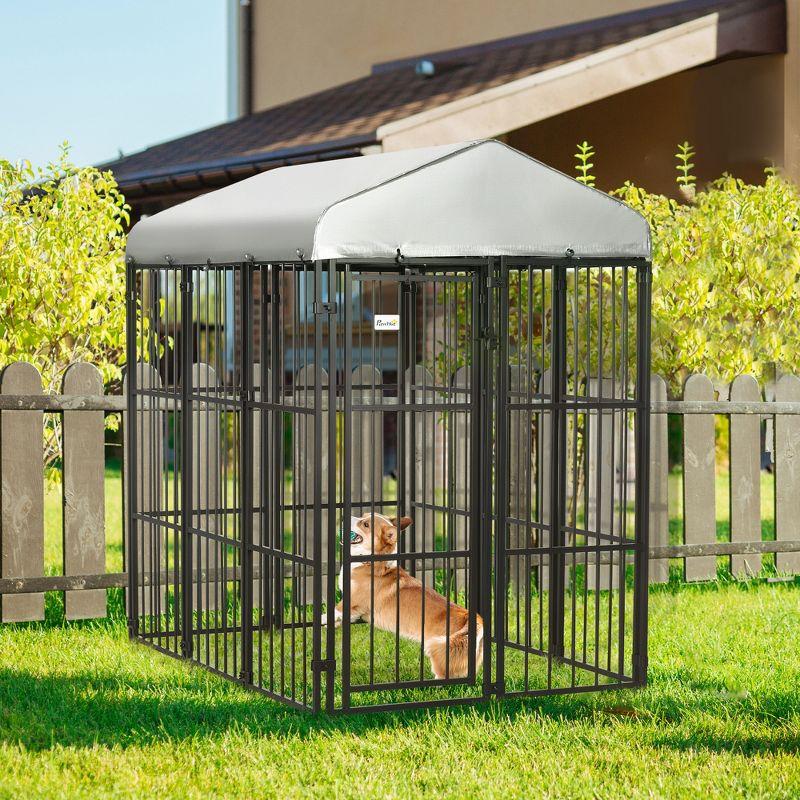 PawHut Covered Dog Playpen for Large & Medium Size Breeds, Outdoor Enclosure, Locking Exercise Kennel with Heavy-Duty Metal Frame, Black