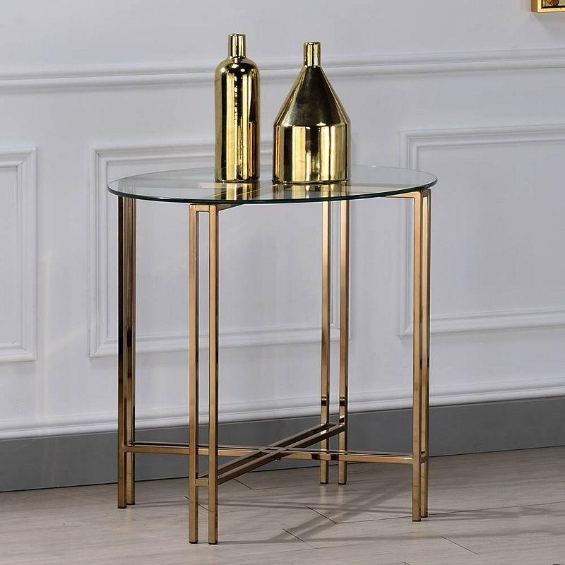 23" Veises Accent Table Champagne - Acme Furniture: Round Glass Top, Metal Frame, Spot Clean