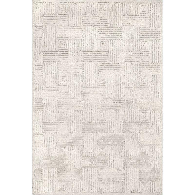 Ivory Geometric Hand-Hooked Wool 6' x 9' Area Rug