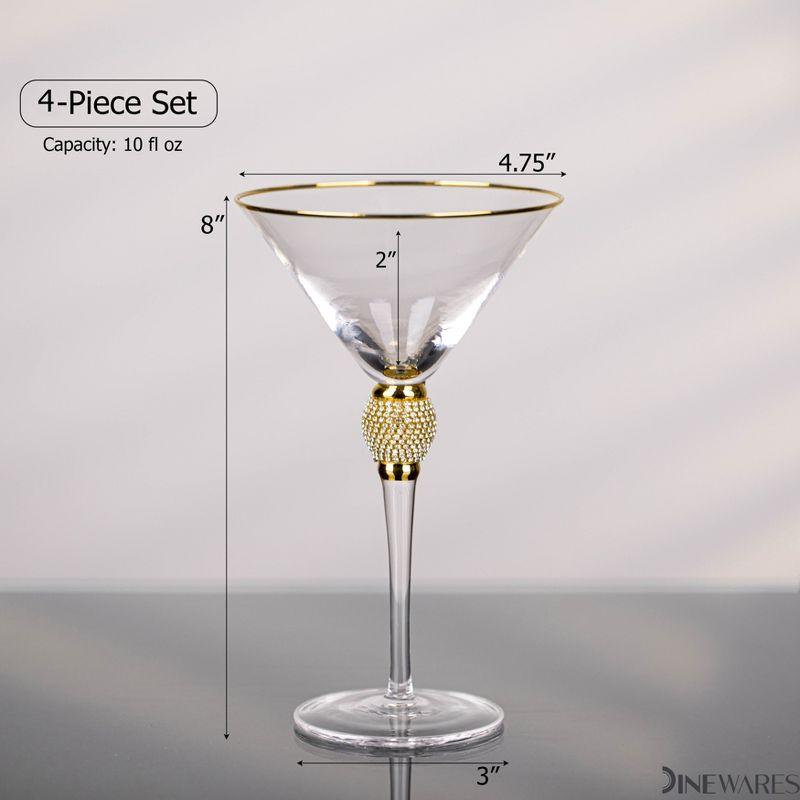 Dinewares Clear Stem Crystal Martini Glasses with Rim and Diamond-like Rhinestones, Elegant 10oz Glassware Set for Cosmopolitan Vodka, Gold Set of 4