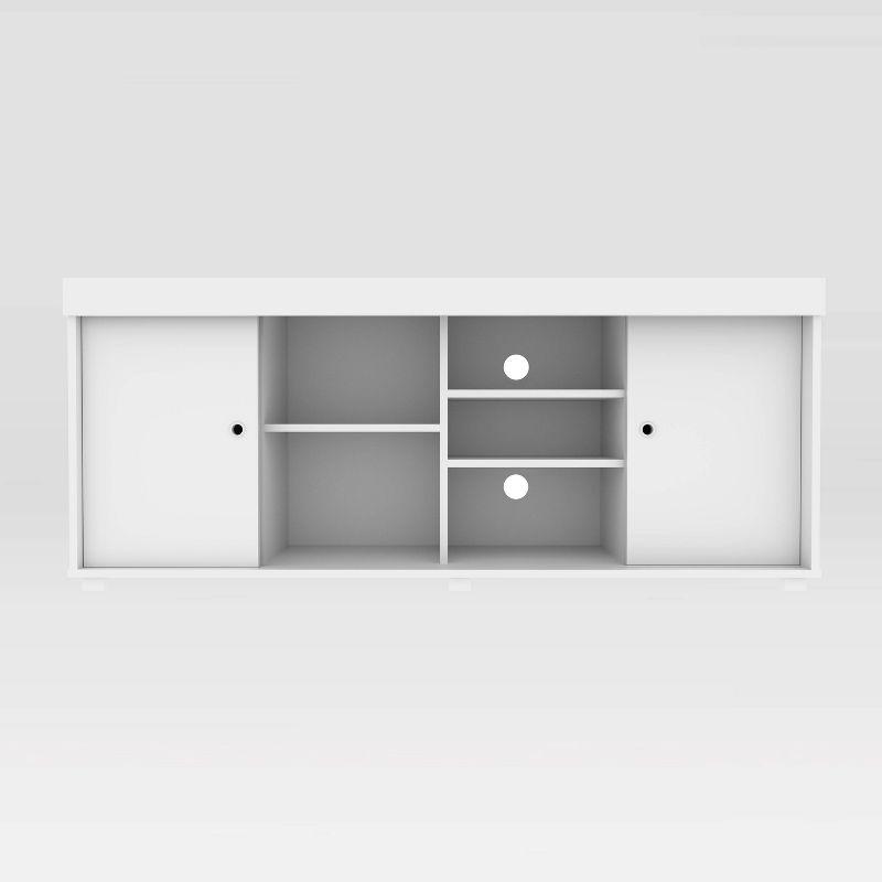 Modern White Particleboard TV Stand with Open Shelves and Cabinet