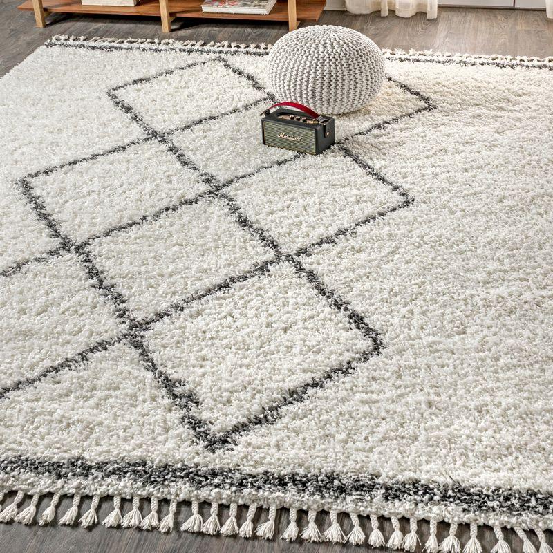 5'x8' Mercer Shag Plush Tassel Moroccan Geometric Trellis Area Rug, Cream/Grey - JONATHAN Y