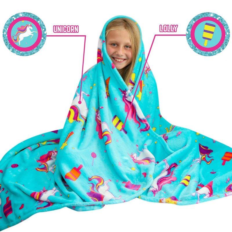 GirlZone Unicorn Fleece Blankets for Girls, Large Fluffy Blankets for Teen Girls with Cute Unicorn and Mermaid Designs