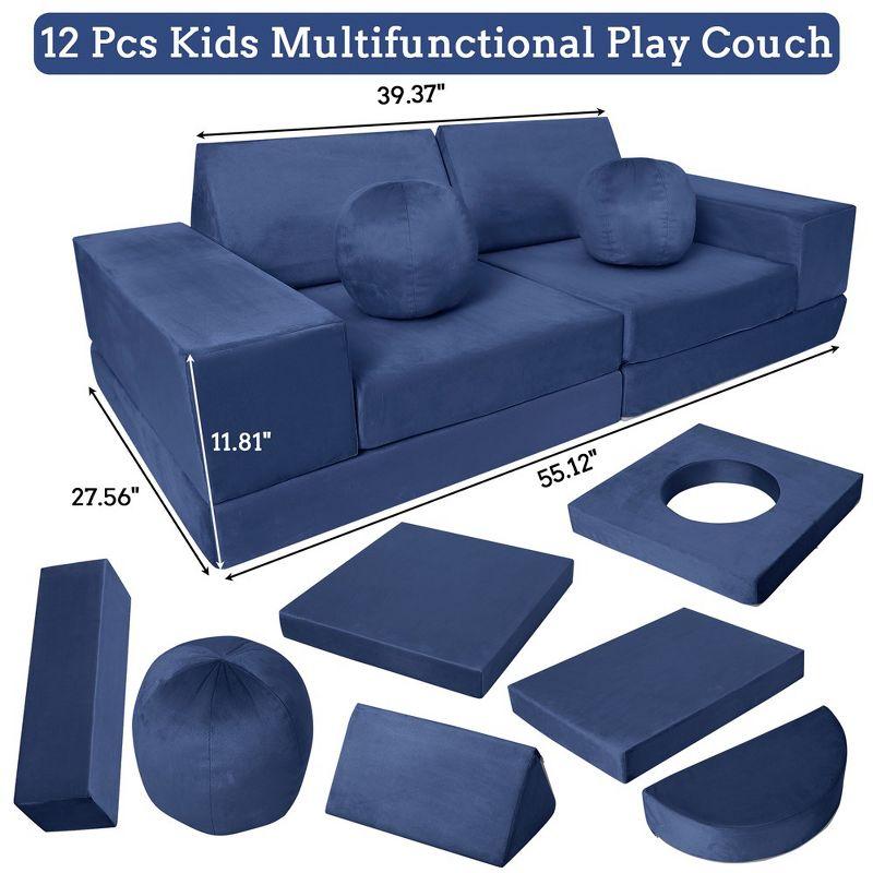 Kids Couch 12PCS Fold Out Toddler Couch with 2 balls, Modular Kids Couch for Playroom Creative Game Play Couch, Free DIY, Navy Blue