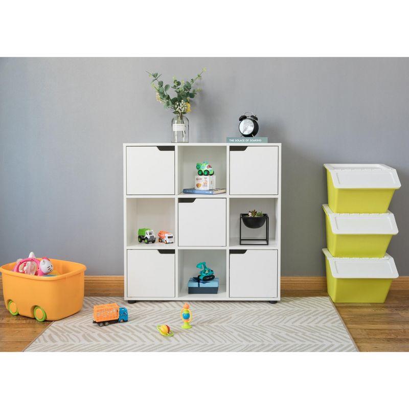 White 9-Cube Wooden Organizer with Doors and Shelves