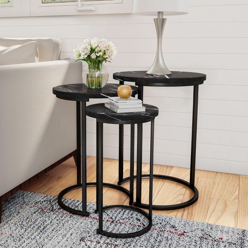 Hastings Home Set of 3 Round Living Room End Tables – Modern Faux Marble Top and Black Metal Base Nesting Tables or Nightstands