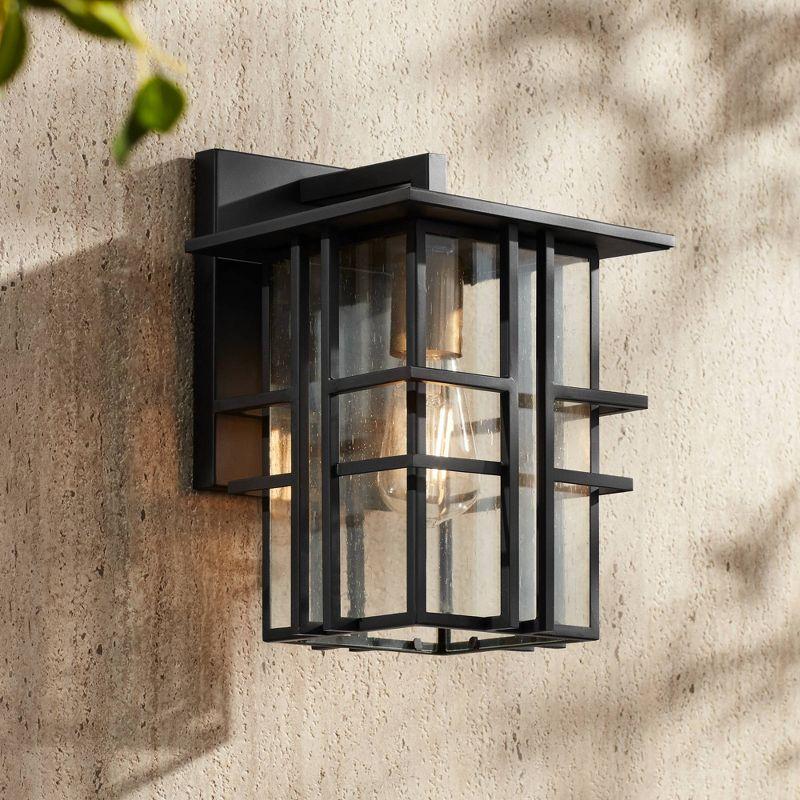 Possini Euro Design Arley Modern Outdoor Wall Light Fixture Black Geometric Frame 12" Seedy Glass for Post Exterior Barn Deck House Porch Yard Patio