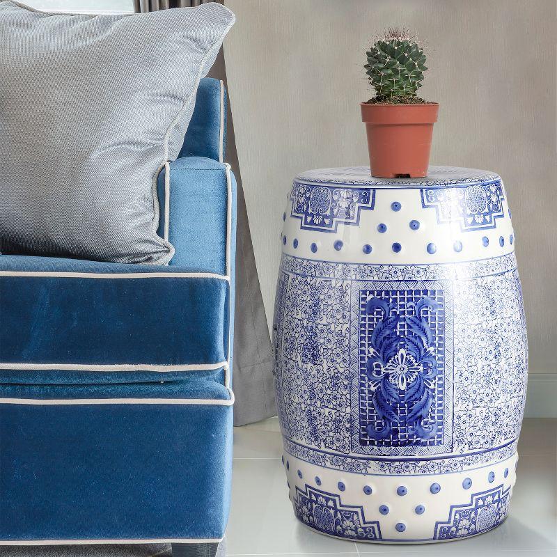 JONATHAN Y Acanthus 17.8" Chinoiserie Ceramic Drum Garden Stool, Blue/White