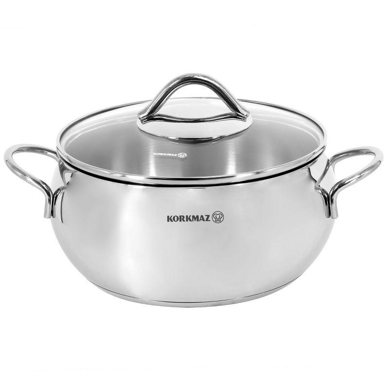 Korkmaz 2.5 Liter Polished Stainless Steel Casserole with Glass Lid