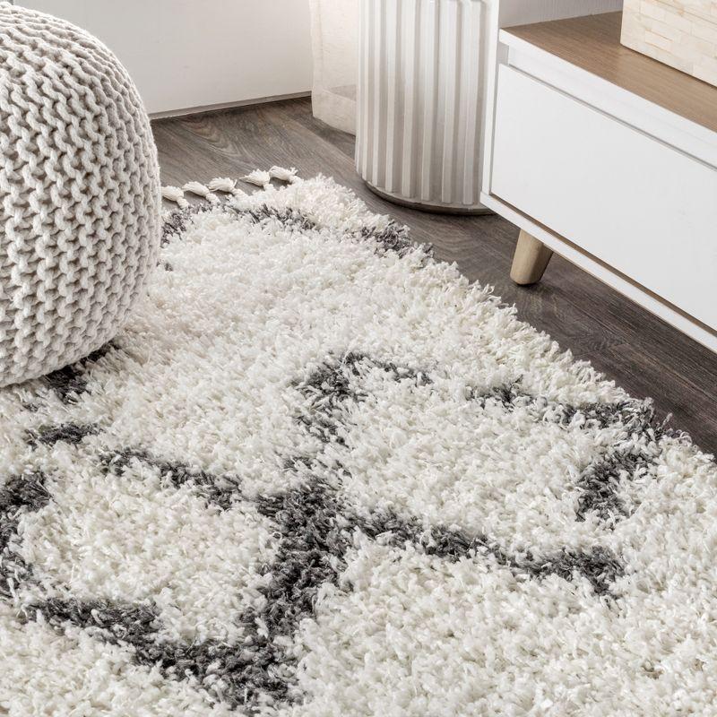8'x10' Mercer Shag Plush Tassel Moroccan Geometric Trellis Area Rug, Cream/Grey - JONATHAN Y