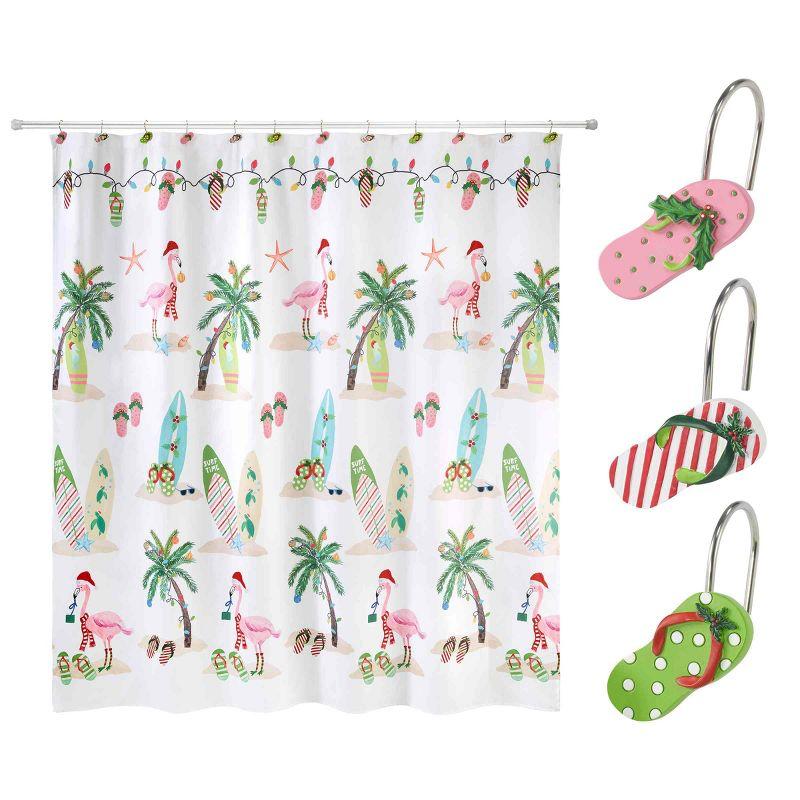 Holiday Flamingo Coastal Fabric Shower Curtain & Hook Set