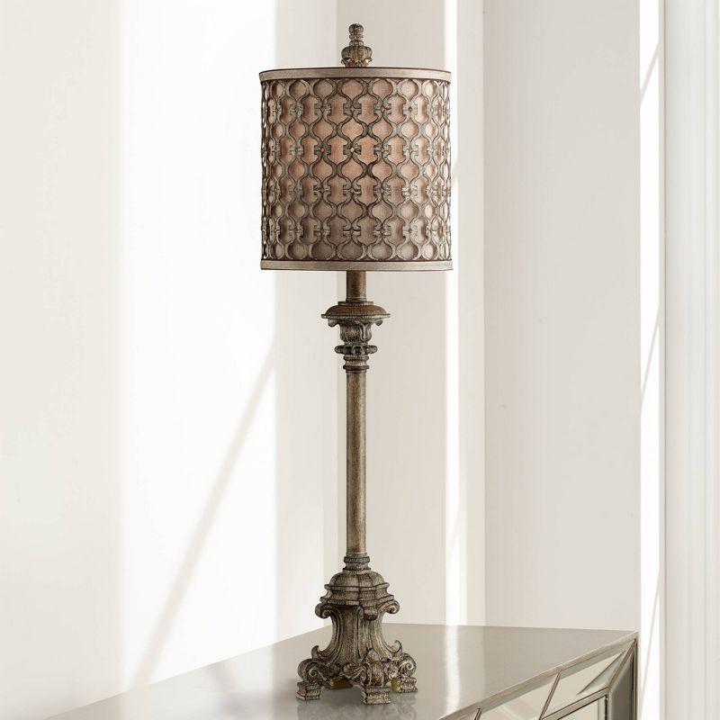 Regency Hill French Buffet Table Lamp Beige Scroll Metal Lattice Candlestick Framed Cylinder Shade for Dining Room