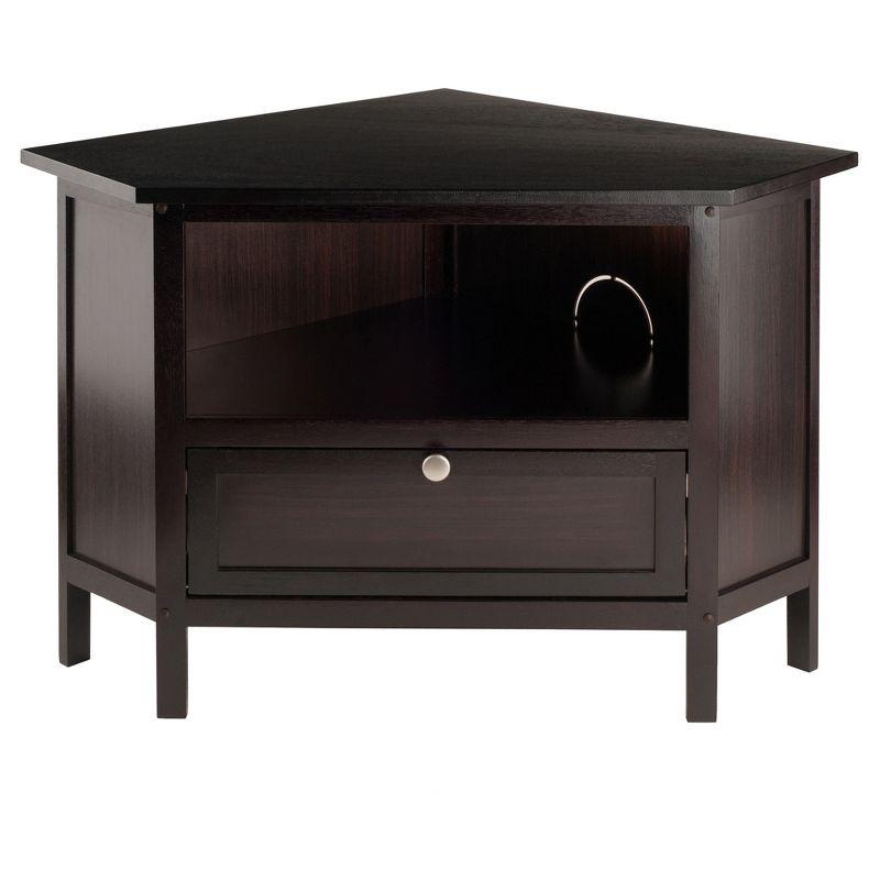 Winsome Zena Corner TV Stand for TVs up to 27" Espresso: Mid-Century Modern, Open Shelving, MDF Wood