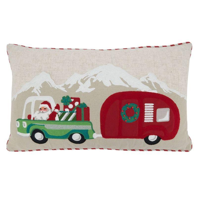 14"x24" Santa Truck & Trailer Lumbar Pillow: Festive Holiday Decor - Saro Lifestyle