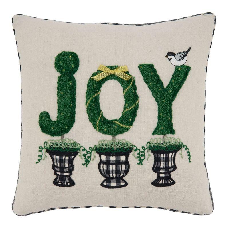 Beige Square Topiary Joy Design Throw Pillow, 18"