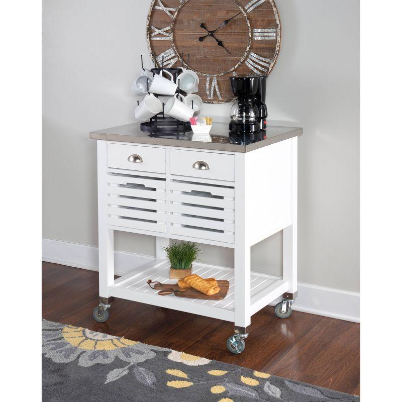 Robbin White Wood Kitchen Cart: Stainless Steel Top, Storage on Wheels - Linon