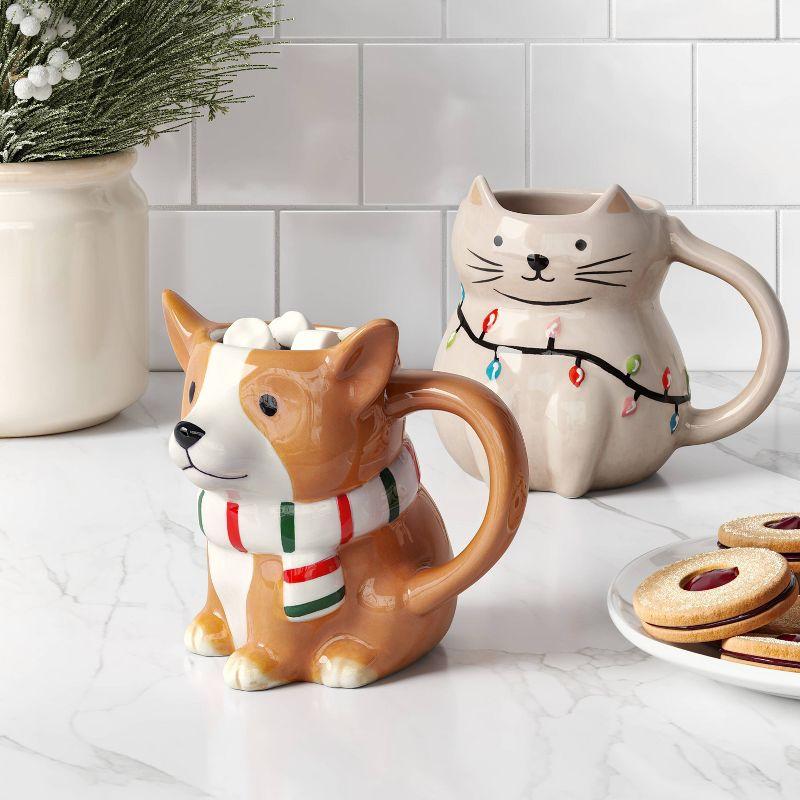 16oz Beige Ceramic Christmas Cat Mug with Lights