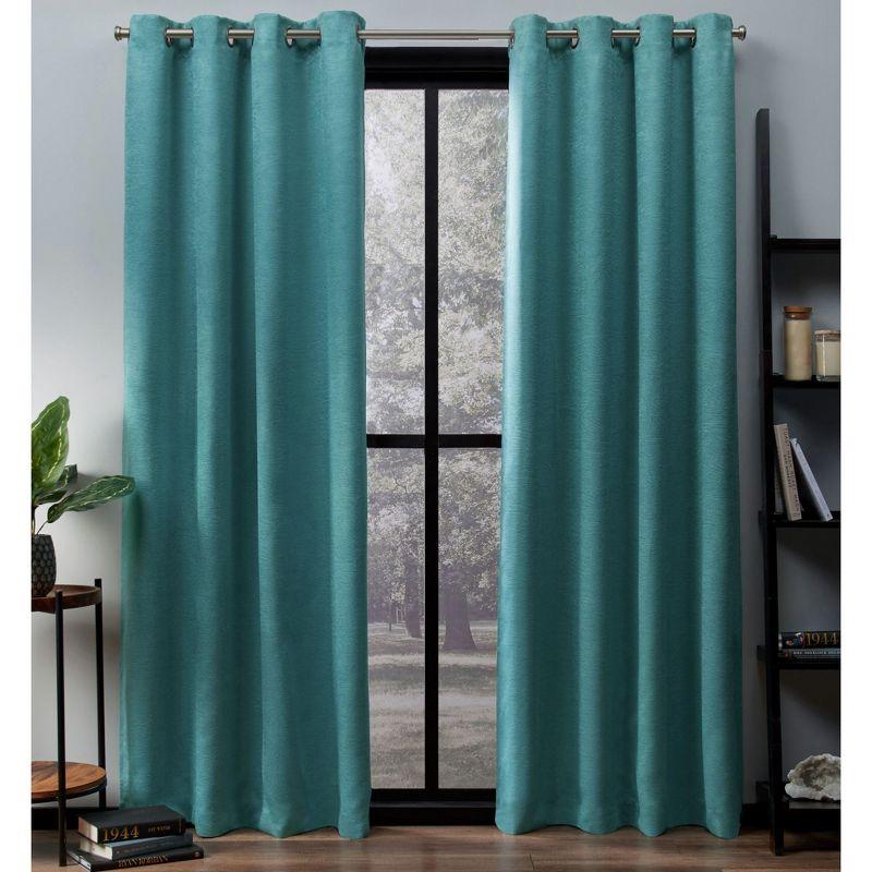 Exclusive Home Oxford Textured Sateen Room Darkening Blackout Grommet Top Curtain Panel Pair, 52"x84", Teal