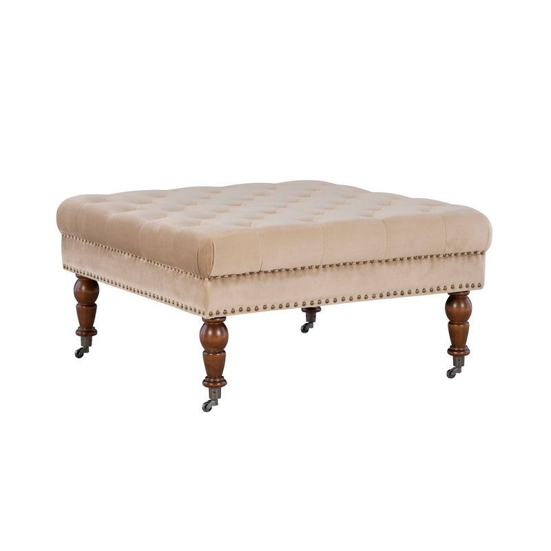 Elegant Tan Linen Tufted Cocktail Ottoman with Dark Walnut Legs