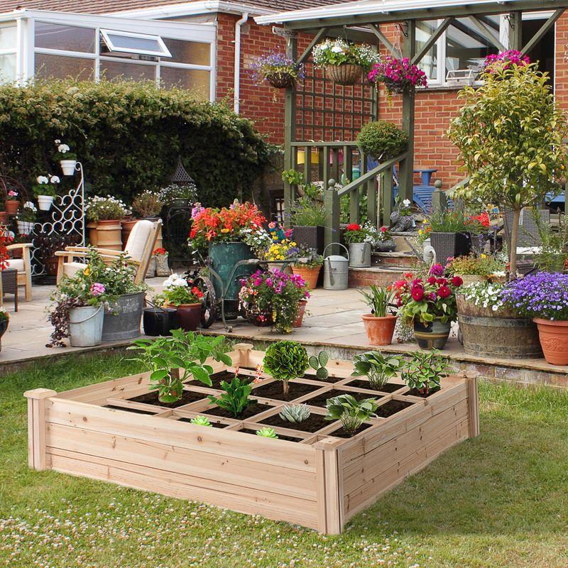 Outsunny 4ft x 4ft Raised Garden Bed, Wooden Planter Box with Segmented Growing Grid for Plants & Herbs, Natural Wood