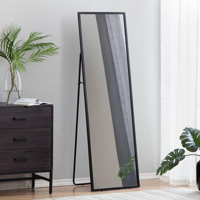 Brewster Carmen Black Rectangular Linear Mirror: Modern Floor Mirror, 60x18, Metal Frame, Freestanding