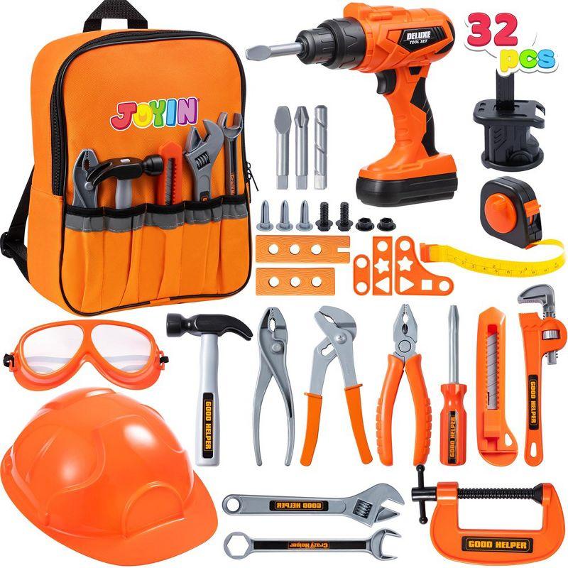 Joyfy 32PCS Kids Tool Set with Construction Backpack Costume & Toy Drill - Pretend Play Tool Kit for Boys & Girls Halloween Birthday Dress Up Party