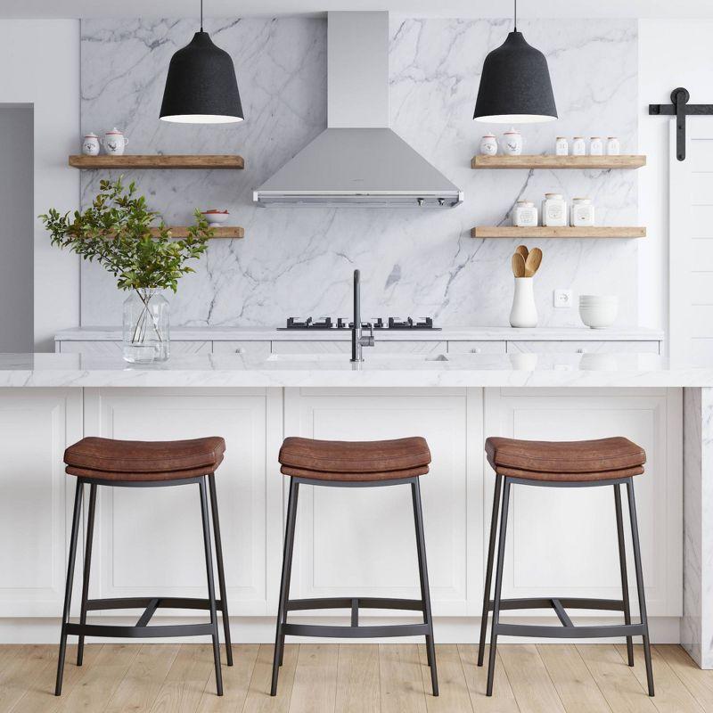 Upholstered Counter Height Metal Barstool Vintage Brown/Matte Black - Nathan James: Faux Leather, Modern Farmhouse Kitchen, 275 lbs Limit