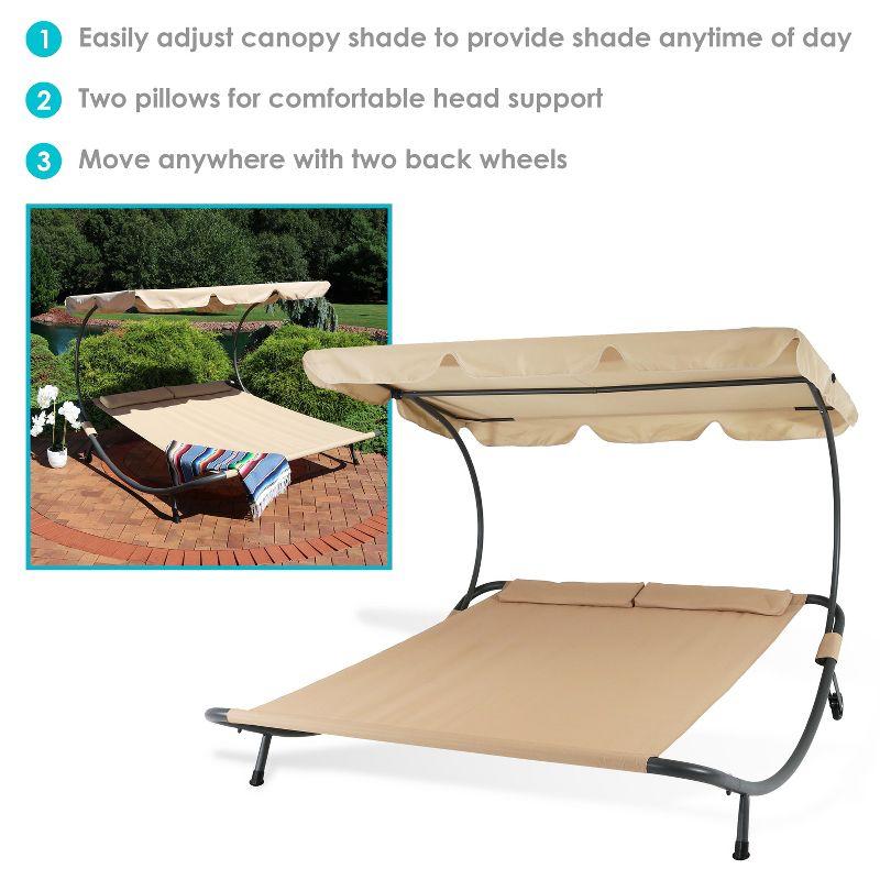 Sunnydaze Outdoor Double Chaise Lounge Bed with Canopy Shade and Headrest Pillows, Beige