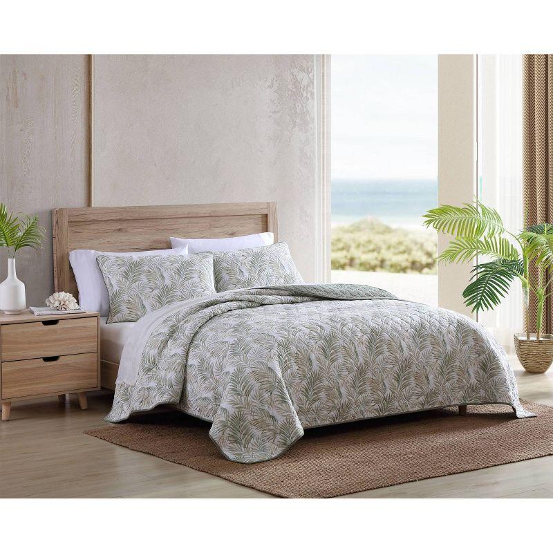 Sage Palm Leaf Reversible Cotton Quilt Set - Twin White