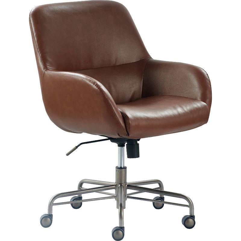 Forester Leather Office Chair Cognac Brown - Finch: Ergonomic, Padded Arms, Mid-Height Back, Metallic Base