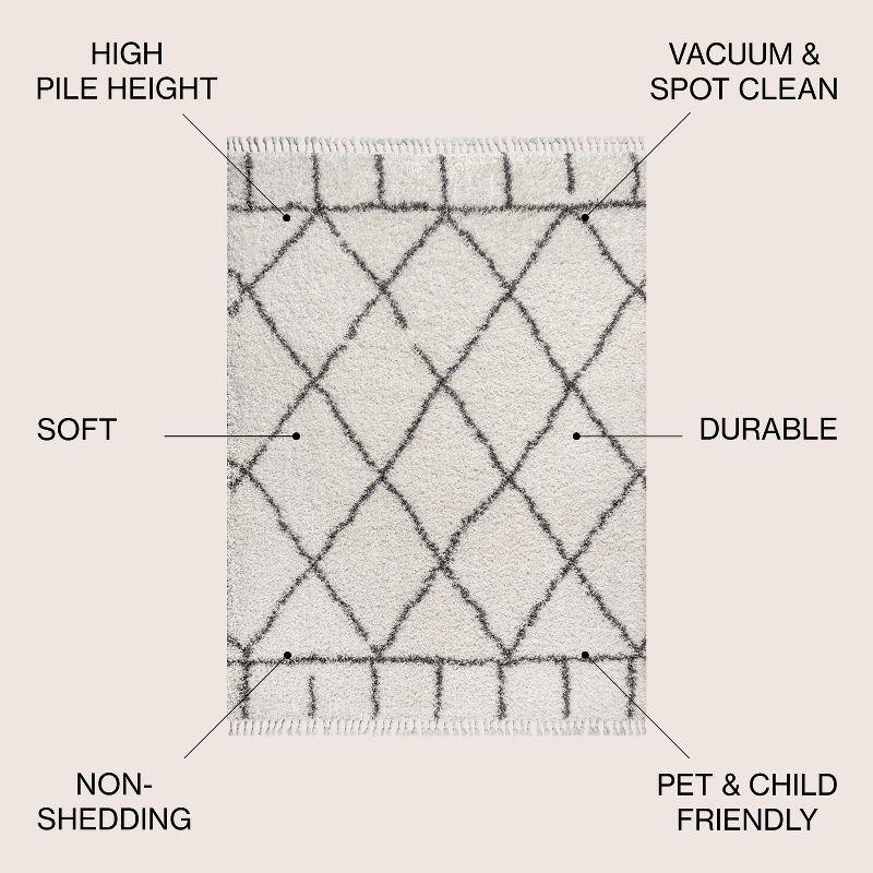 8'x10' Mercer Shag Plush Tassel Moroccan Geometric Trellis Area Rug, Cream/Grey - JONATHAN Y