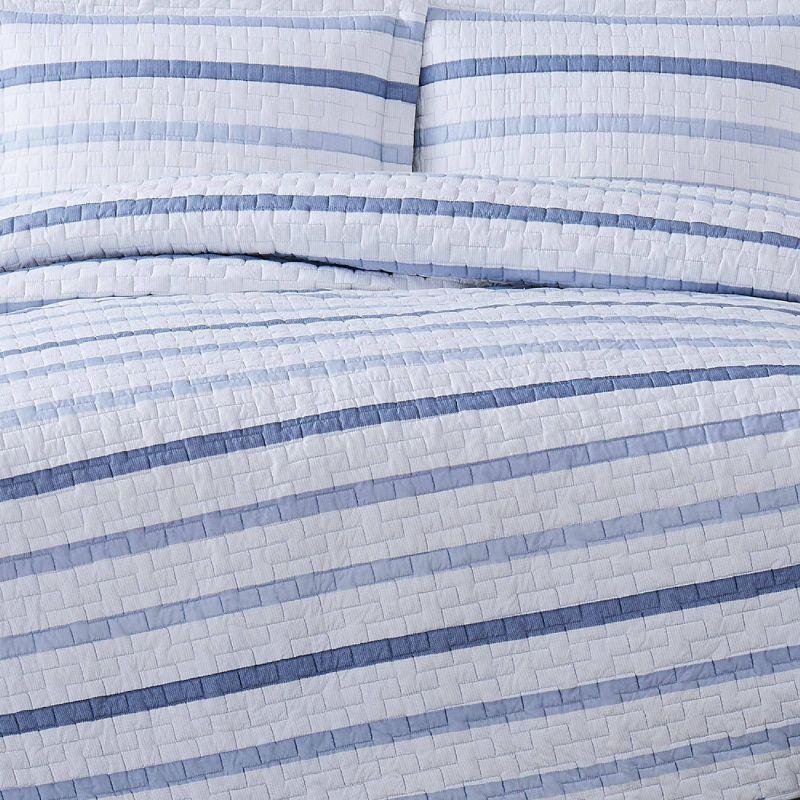 Cozy Waffle Stripe King Quilt Set in Blue - Microfiber Reversible