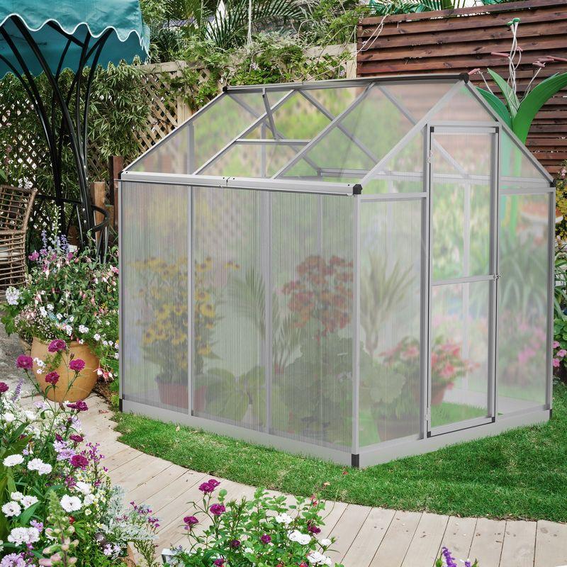 Outsunny Walk-In Polycarbonate Greenhouse with Roof Vent for Ventilation & Rain Gutter, Hobby Greenhouse for Winter