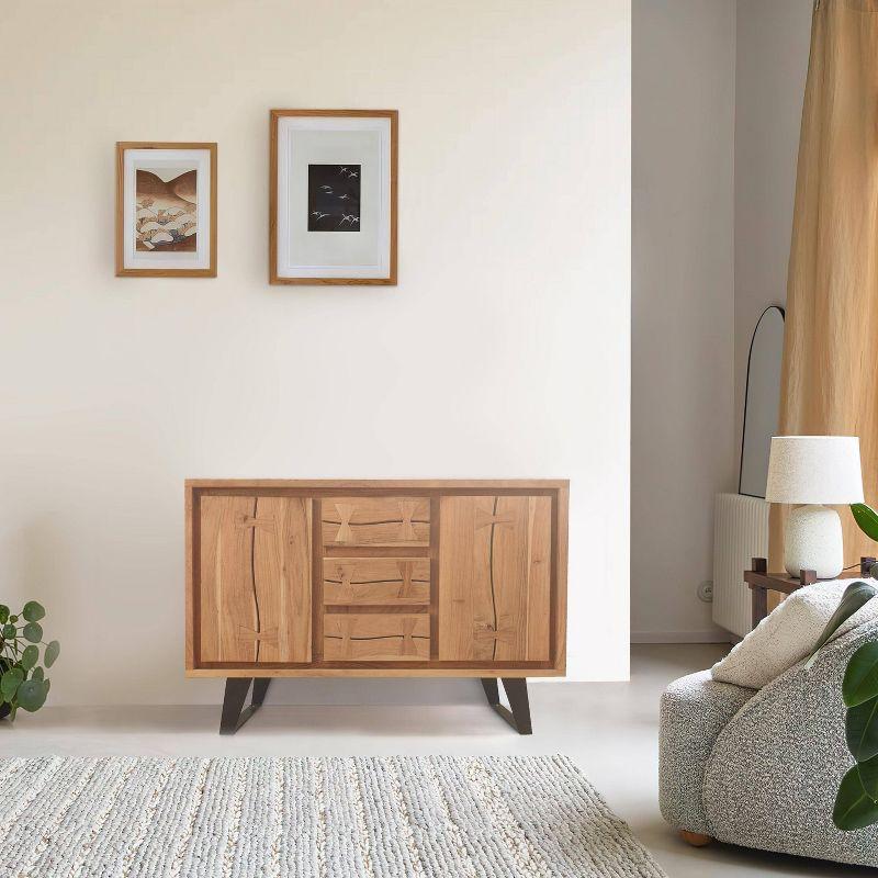 The Urban Port 40" Sideboard Buffet Console with 2 Cabinets Acacia Wood 3 Drawers Black Iron Base Brown/Black