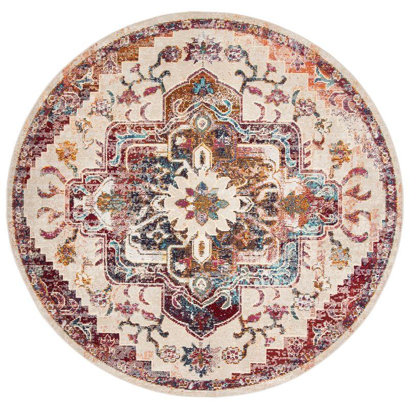 Handmade Light Blue and Burgundy Floral Round Synthetic Rug