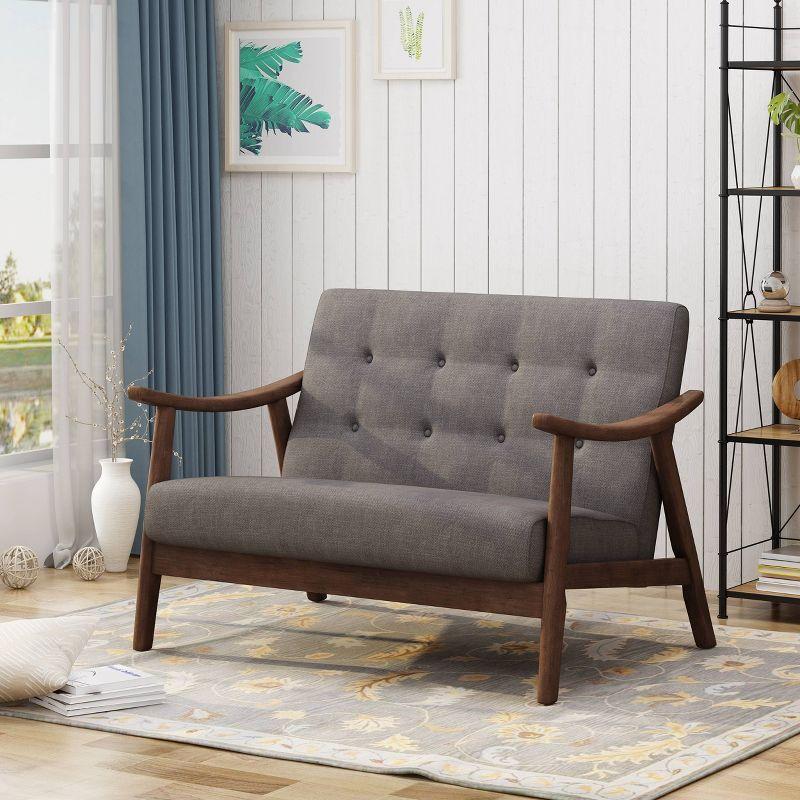 Dark Gray Tufted Mid-Century Modern Settee with Wood Frame