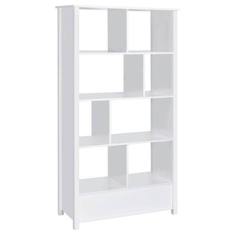 Coaster 68" Dylan 8 Shelf Bookcase with Storage Drawer White High Gloss : Laminated, Modern Design, Zinc Alloy Hardware