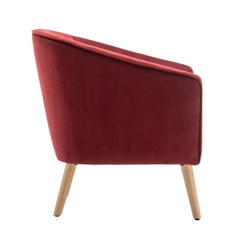 Sienna Red Velvet Barrel Accent Chair with Natural Wood Detailing