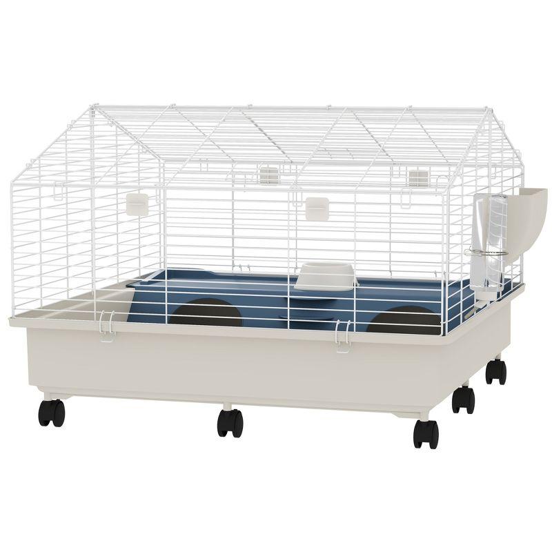 PawHut Small Animal Cage, Rolling Guinea Pig Cage with Water Bottle, Hay Feeder, Food Dish, Ramp, for Rabbits, Hedgehogs, 35" x 35" x 25", White
