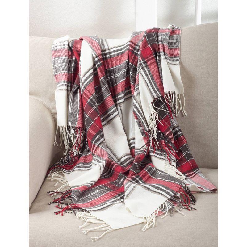 Red and White Plaid Acrylic Throw Blanket with Fringe