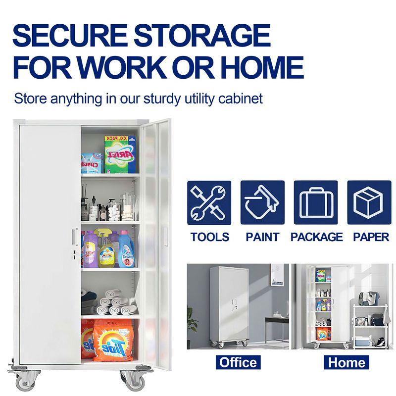 AOBABO 72 Inch Locking Metal Garage Home Office Storage Cabinet with Universal Rubber Wheels/Lockable Casters and Magnetic Doors, White
