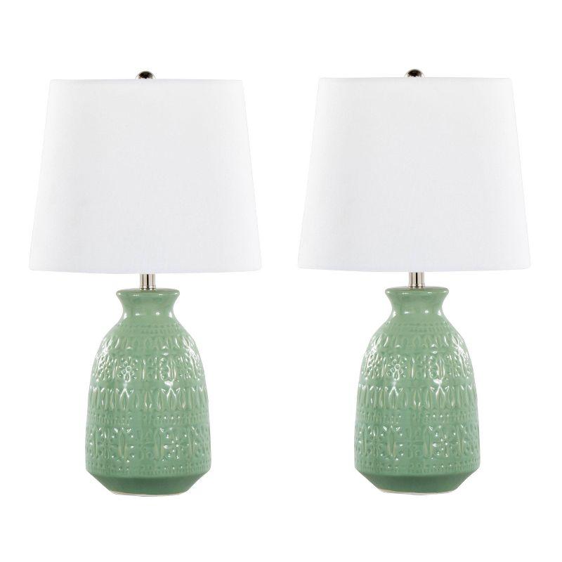 LumiSource Set of 2 Claudia 20" Contemporary Accent Lamps Sage Green Ceramic Polished Nickel and White Linen Shade from Grandview Gallery