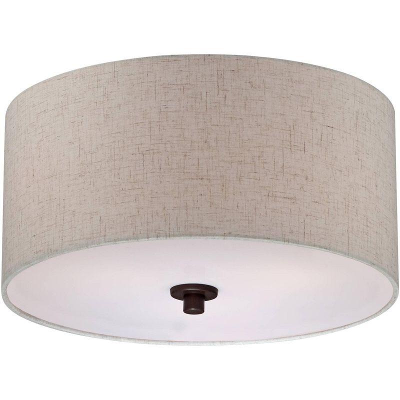 Regency Hill Sylvan Modern Ceiling Light Semi Flush Mount Fixture 14" Wide Bronze 3-Light Oatmeal Fabric Drum Shade for Bedroom Kitchen Living Room