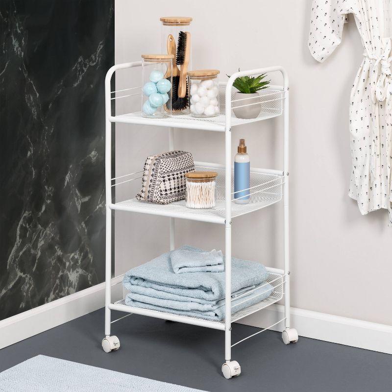 White 3-Tier Steel Wire Rolling Storage Cart with Lockable Casters