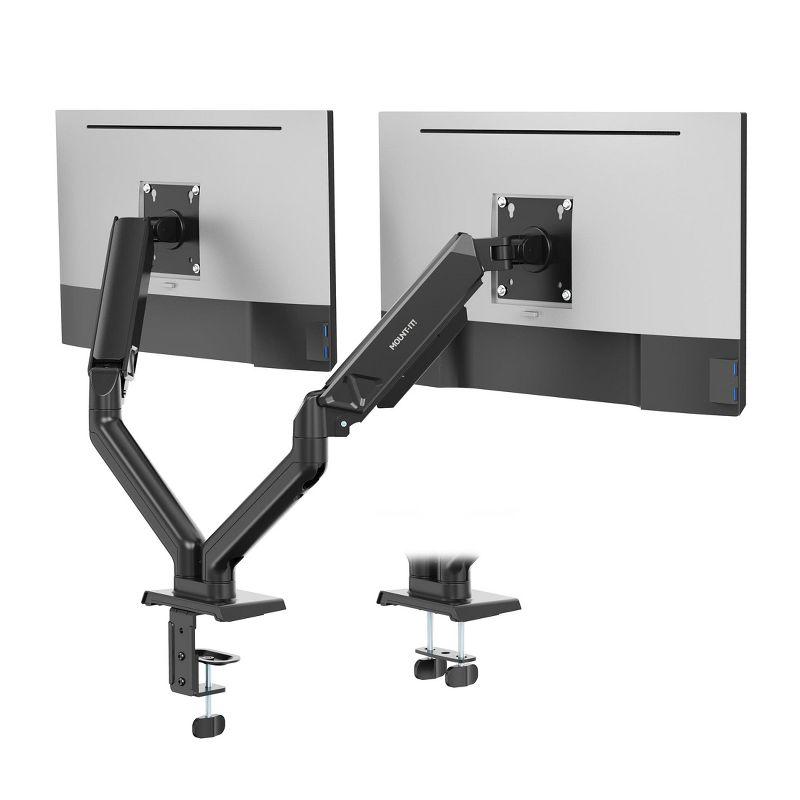 Mount-It! Full Motion Dual Monitor Mount with Spring Arms, 17 in. to 32 in. with Tilt, Rotation, Swivel, Height Adjustment, Clamp or Grommet, Black