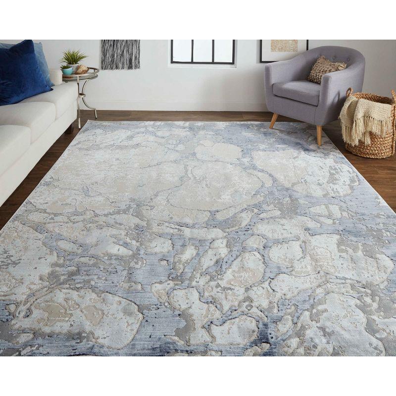 Ivory and Blue Abstract Synthetic Runner Rug