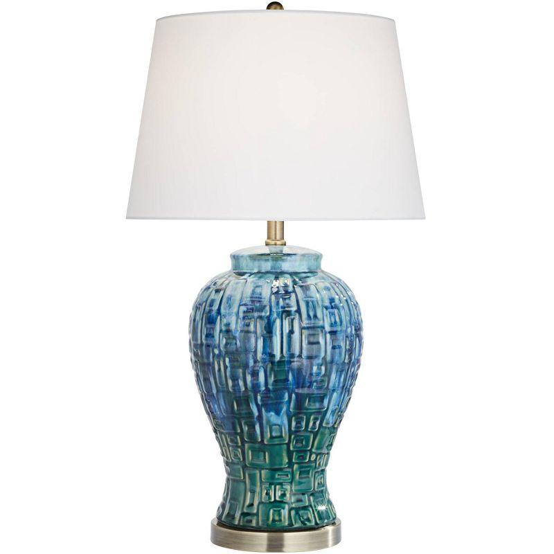 Possini Euro Design Asian Inspired Table Lamp 27" Tall Ceramic Teal Glaze Patterned Temple Jar White Empire Shade for Living Room (Colors May Vary)